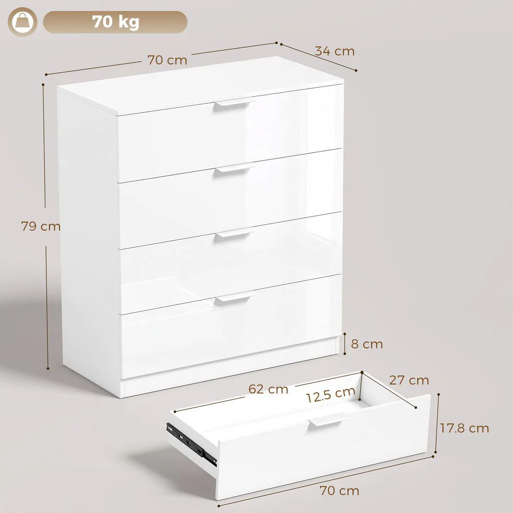 HOMCOM High Gloss 4-Drawer Chest of Drawers, Space-Saving Bedroom Storage Unit with Smooth Runners, White