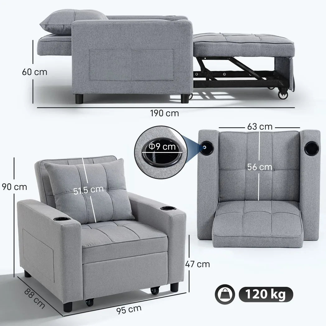 HOMCOM 3-in-1 Single Sofa Bed, Convertible Sleeper Chair Bed - Light Grey