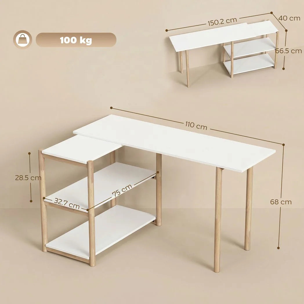 HOMCOM Computer Desk with Storage Shelves Modern Writing Desk Bamboo Frame for Home Office 150 cm White and Oak