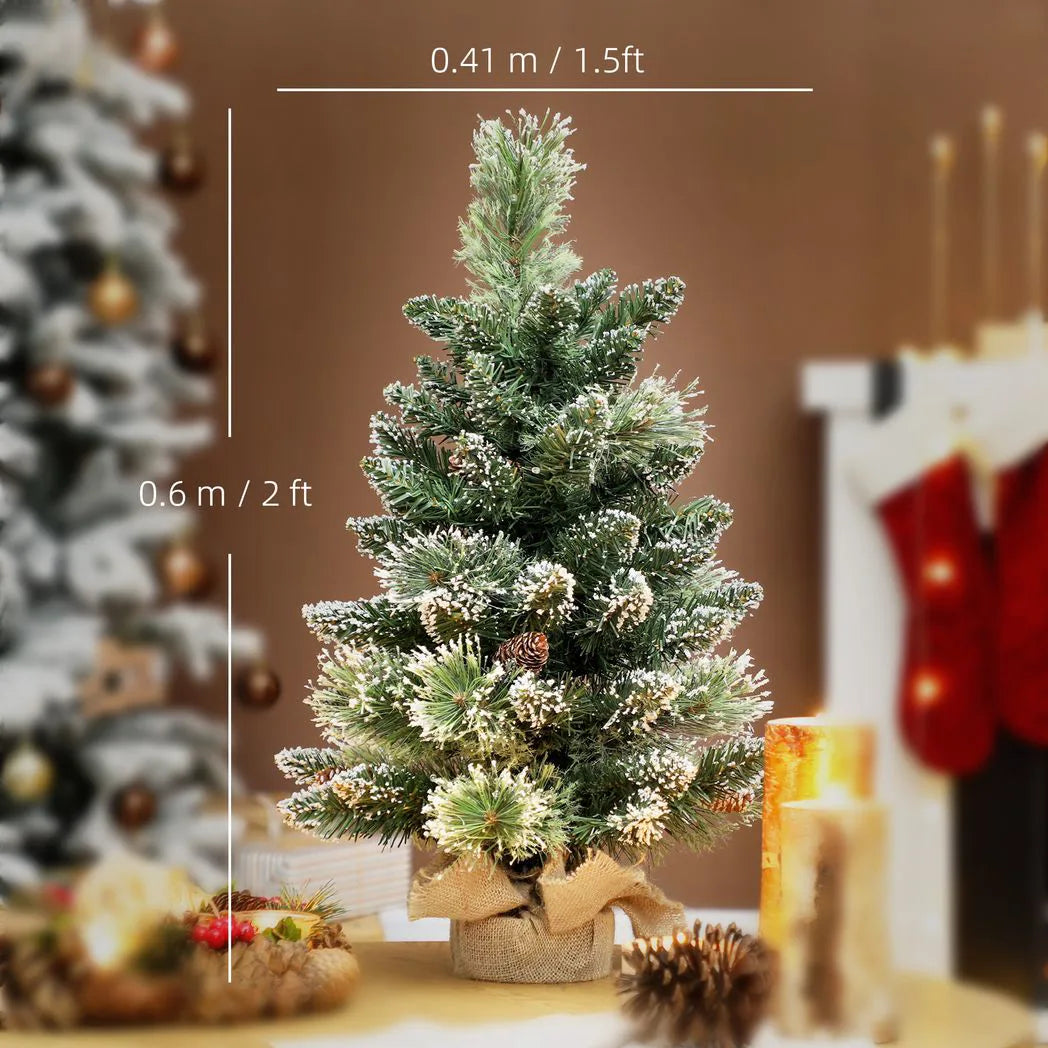 HOMCOM 60 cm Prelit Small Christmas Tree, Snow Flocked Tabletop Mini Xmas Tree with 35 LED Lights, Pine Cones and Linen Cover Base, Battery Operated, Green
