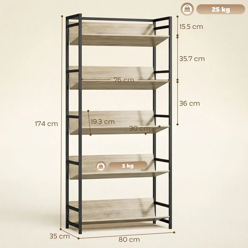 HOMCOM Bookshelf 5-Tier Metal Frame Bookcase Storage Shelves for Living Room Oak