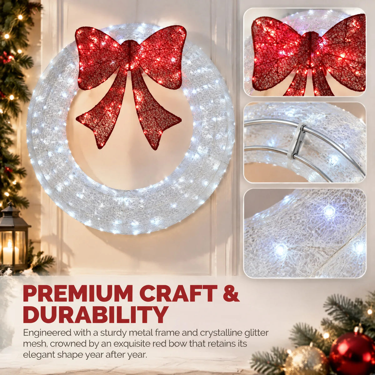 48in Pre-Lit Outdoor Christmas Wreath Decoration, LED Metal Holiday Decor for Home Exterior, Garden w/ 224 Lights, Bow - White/Red