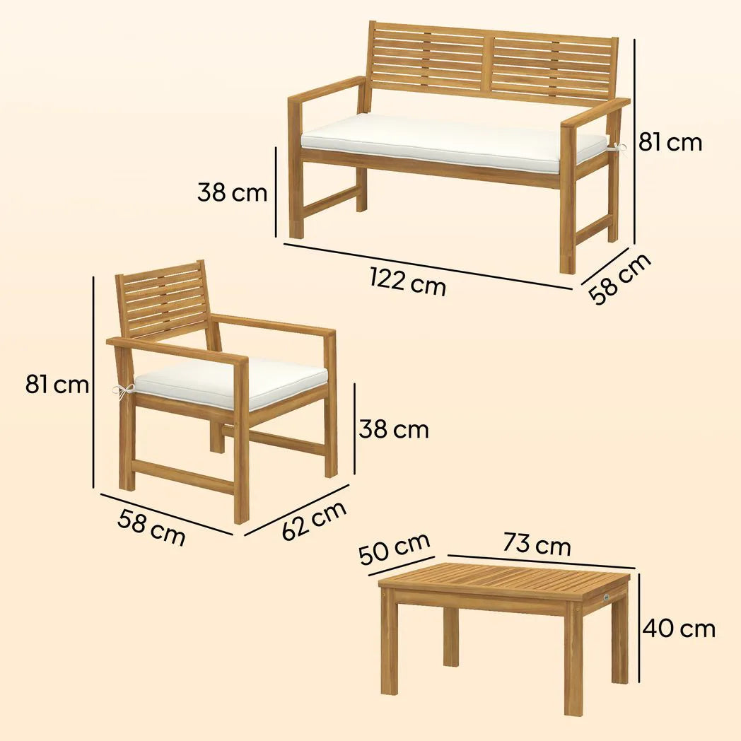 Outsunny 4 Seater Wooden Garden Furniture Set with Loveseat, Armchairs, Table, Acacia Wood Garden Sofa Set, Cream White