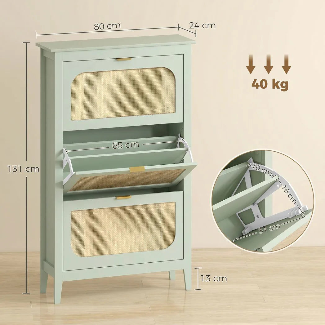 HOMCOM Narrow Shoe Cabinet, Boho Slim Shoe Storage Cabinet with 3 Flip Drawers, Holds 21 Pairs, Light Green