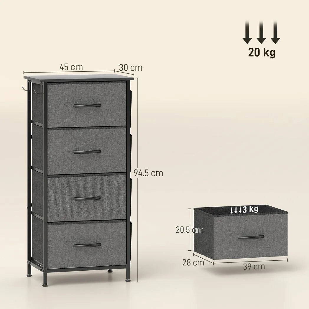 HOMCOM Chest of Four Fabric Drawers - Charcoal Grey