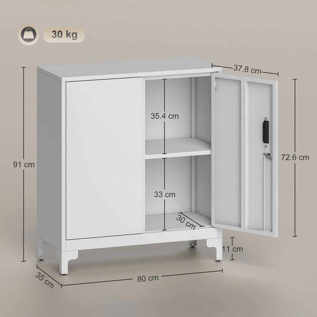 HOMCOM Lockable Metal Filing Cabinet, 2-Tier Storage Cupboard with Double Doors, Modern Office Organiser, White