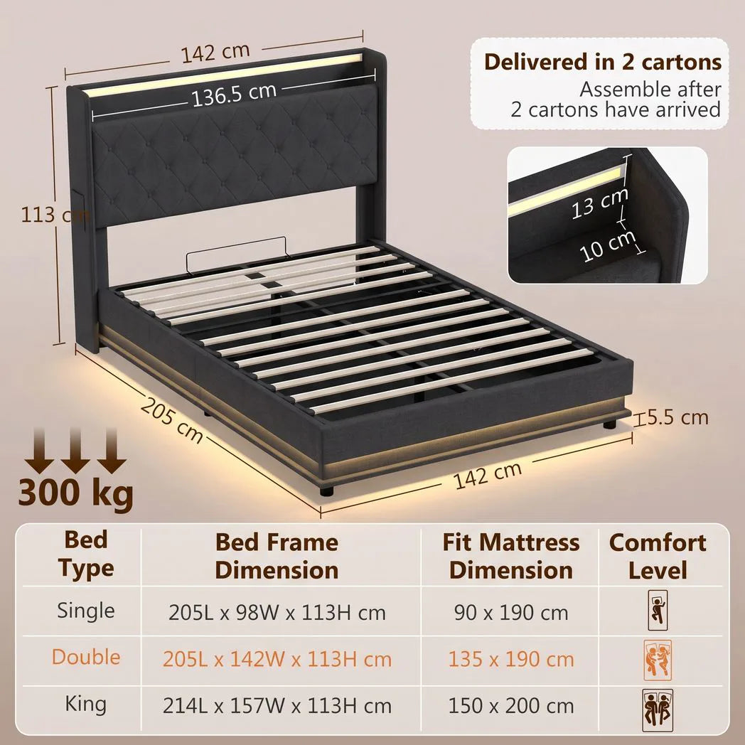 HOMCOM 4ft6 Double Bed Frame with Headboard, Platform Bed Frame with Hydraulic Storage, LED Lights and Charging Station, Black