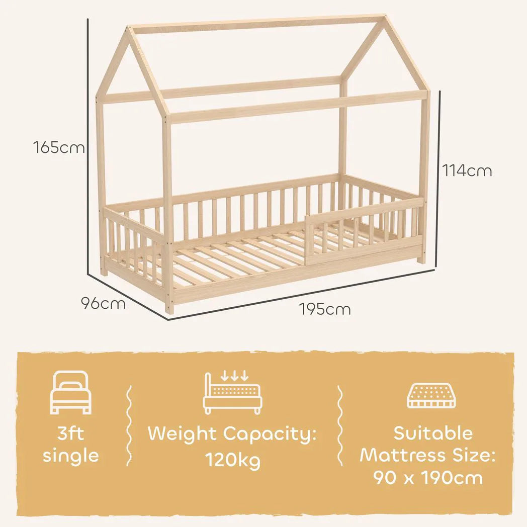 HOMCOM House-Shaped Kids Bed Frame with Guard Rails, Solid Pine Wood Single Bed Frame for Kids Boys and Girls, Natural