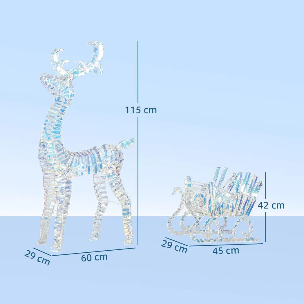 Outsunny Lighted Christmas Reindeer with Sleigh, Outdoor Yard Reindeer with 170 Warm White LED Lights, Holiday Decor with Stakes, Waterproof, Silver