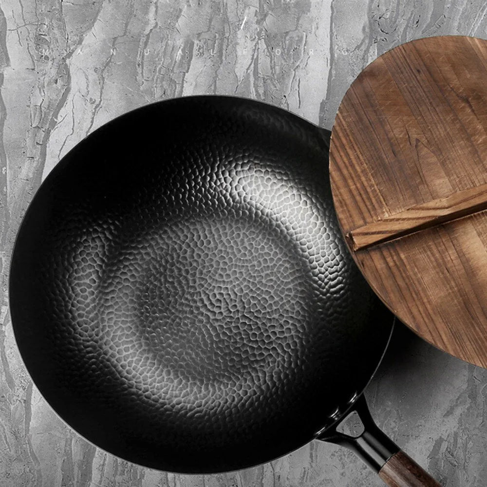 32CM Household Pure Iron Wok Non Coated Cast Iron Pan for Gas Induction Cookers~