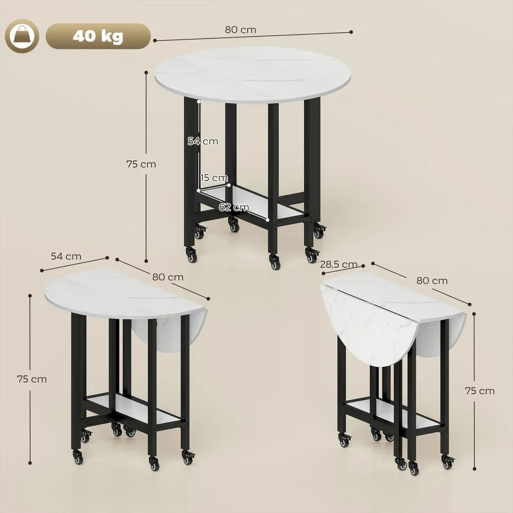 HOMCOM Folding Dining Table, Drop Leaf Table with Open Shelf, Rolling Kitchen Table for Dining Room, Small Spaces, White Marble