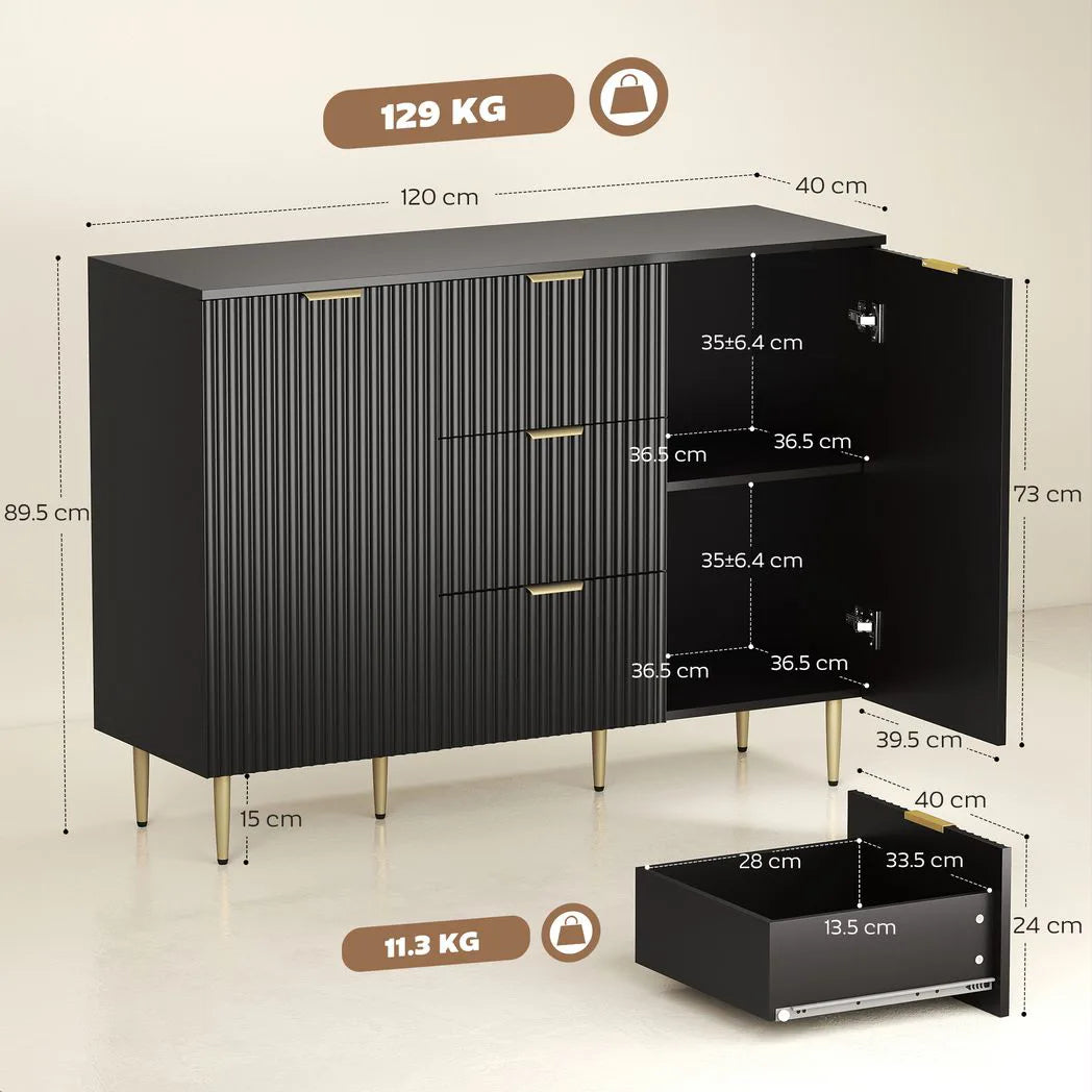 HOMCOM 2-Door Sideboard with 3 Drawers and Adjustable Shelves - Black