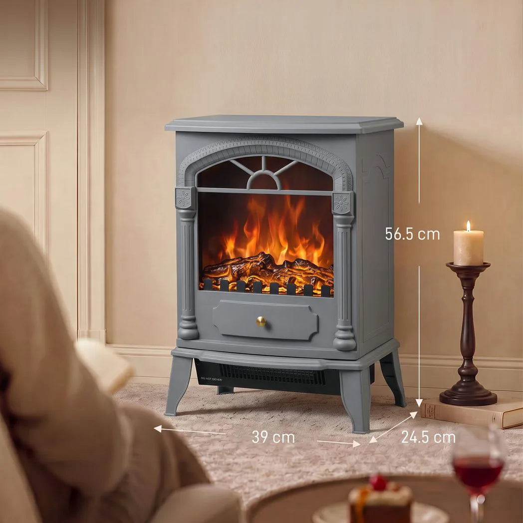 HOMCOM Freestanding Portable Fireplace, Electric Fireplace Stove Heater with 3D Flame Effect and Adjustable Thermostat, Grey