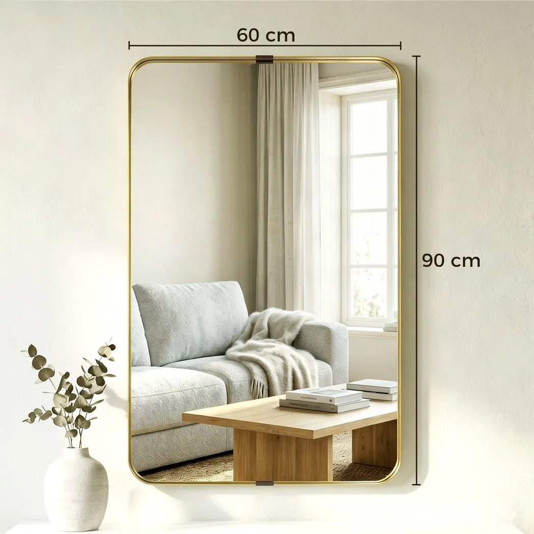 HOMCOM Rectangular Wall Mirror, 90 x 60 cm Wall Mounted Bathroom Mirror w/ Aluminium Alloy Frame and Tempered Glass, Gold Tone