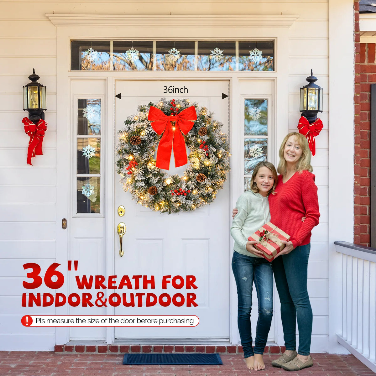 36in Pre-lit Snow Flocked Christmas Wreath, Lighted Artificial Xmas Wreath with 100 Warm Lights and 300 PVC Tips and Bow Red Berries Pine Cones, for Front Door Gate Wall Xmas Party Decorations