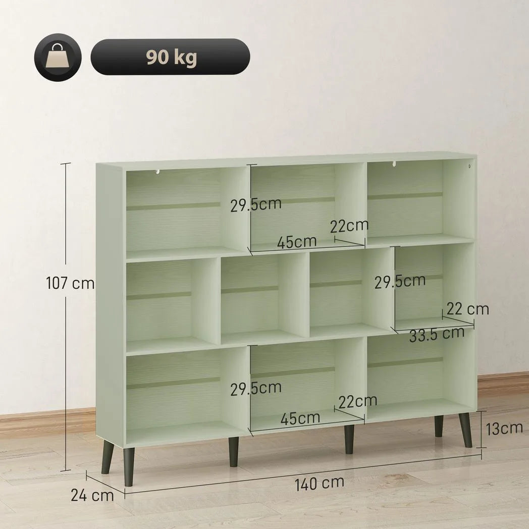 HOMCOM 10-Cube Bookcase, 3-Tier Book Shelf with Solid Wood Legs, 140 cm Modern Bookshelf with Anti-Tip Kit, Light Green