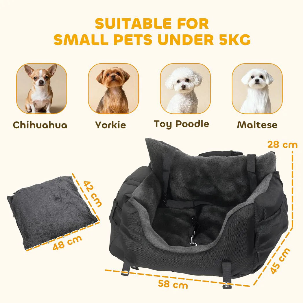 PawHut Dog Car Seat for Small Dogs with Fixed Buckle, Safety Leash, Washable Cover, 58 x 45 x 28 cm, Black