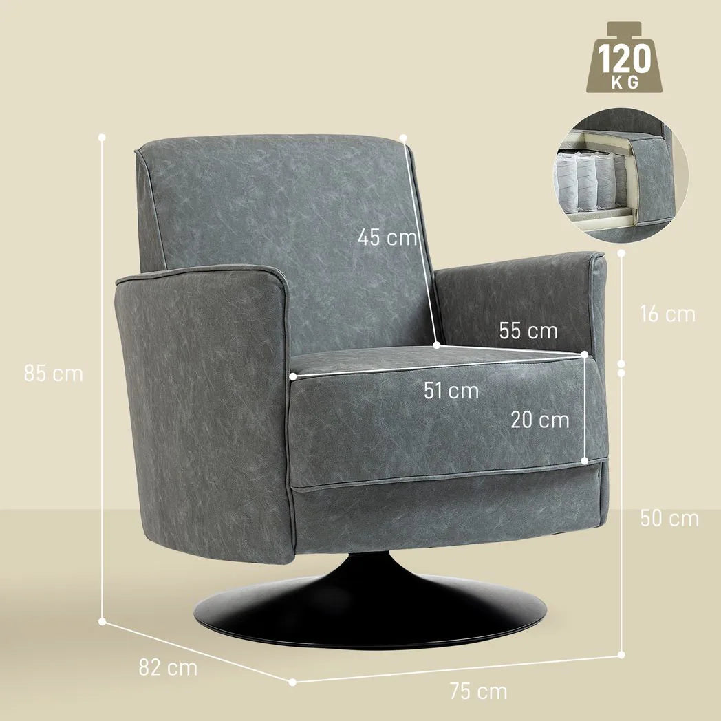 HOMCOM Upholstered Swivel Accent Chair with Thick Padding, Grey