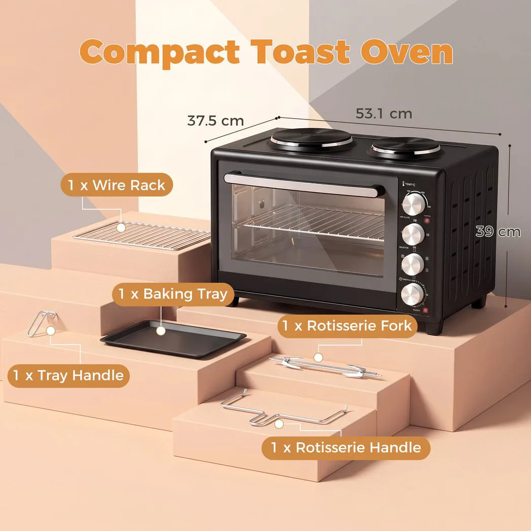 HOMCOM 36L Mini Oven with Dual Hot Plates, Electric Countertop Cooker with Convection, 90?230°C Adjustable Temperature