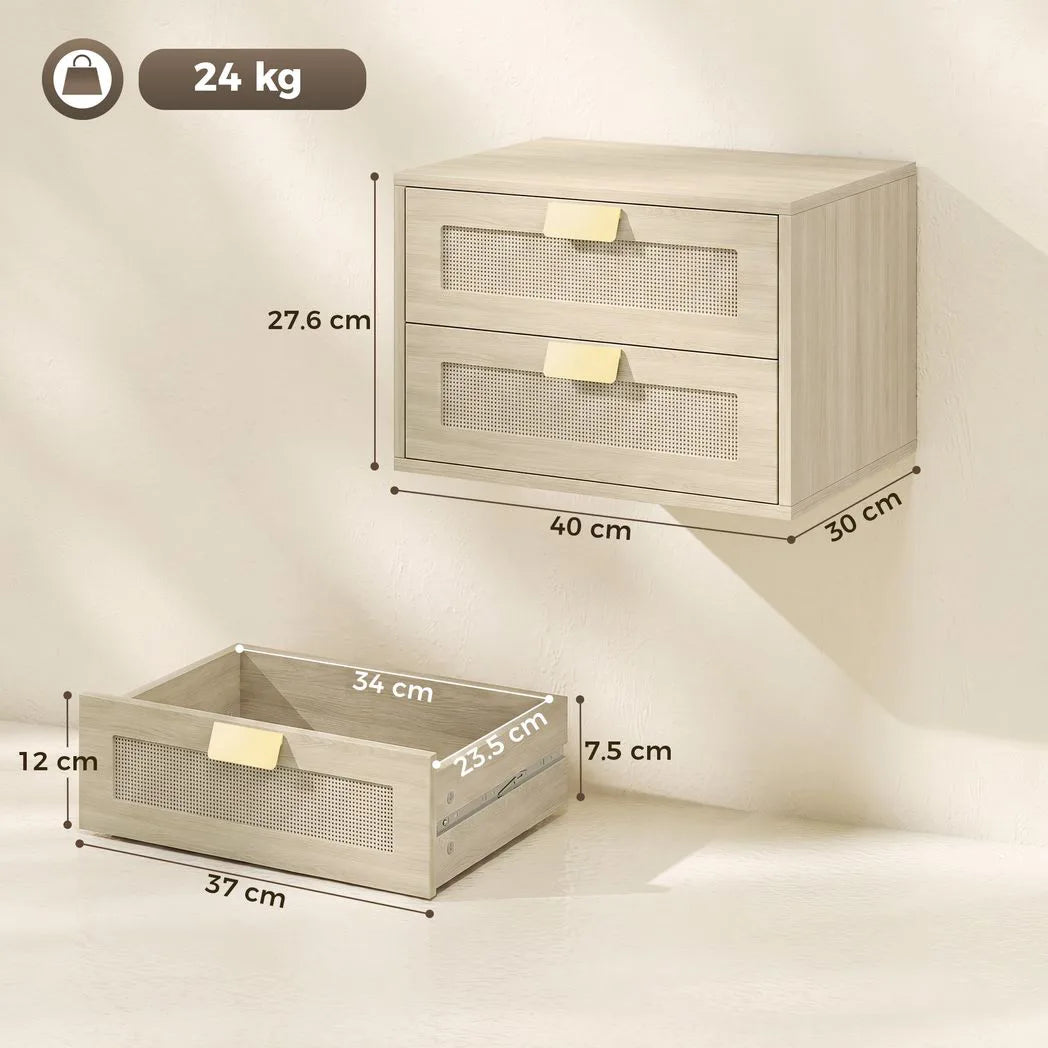HOMCOM Modern Floating Nightstands Set of 2, Wall Mounted Bedside Tables with 2 Drawers, Oak