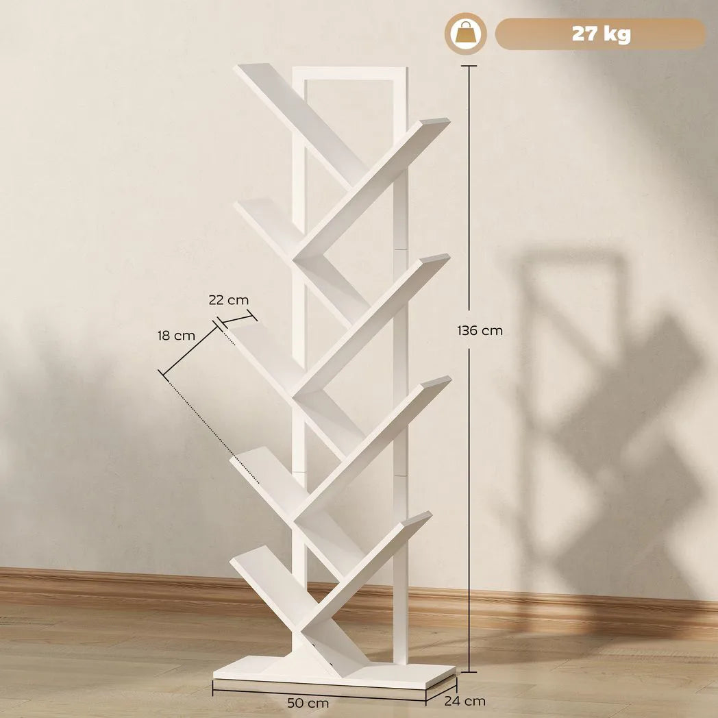HOMCOM 9-Tier Tree Bookshelf, Industrial Free Standing Bookcase with Steel Frame, Display Storage White