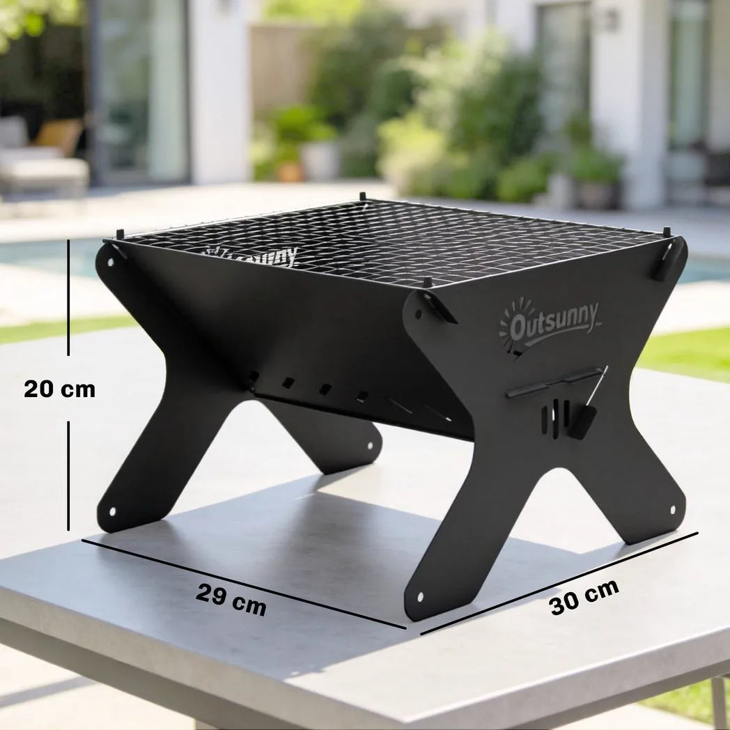 Outsunny 2-In-1 Portable BBQ Grill and Camping Fire Pit, Tabletop Charcoal Barbecue Grill with Gripper, Gloves and Carry Bag