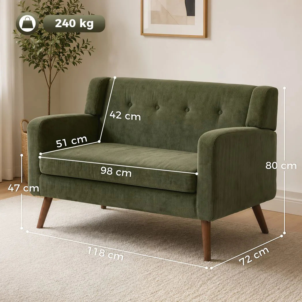 HOMCOM 2 Seater Sofa, 118 cm Corduroy Small Loveseat with Spring Cushion, Wood Legs for Small Space, Living Room, Dark Green