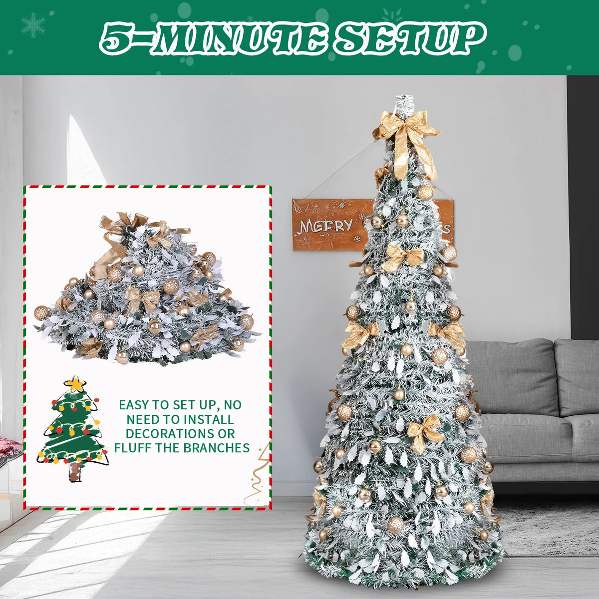 6 FT Snow Flocked Pre-lit Artificial Pop Up Christmas Tree with 100 Warm Lights and Golden Ornaments for Home Office Store Holiday Deco, Snowy Green