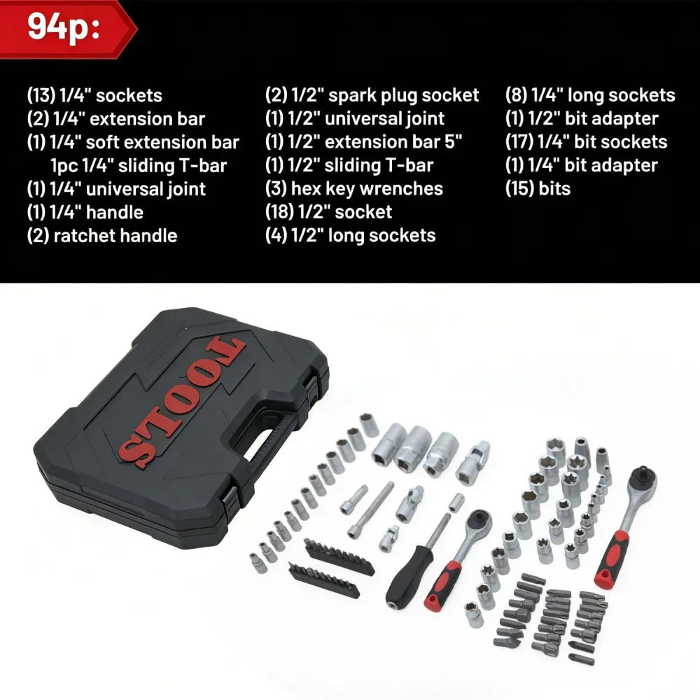 94 Piece 1/2" & 1/4" Drive Socket Set Screwdriver Ratchet Bits Wrench Tool Kit