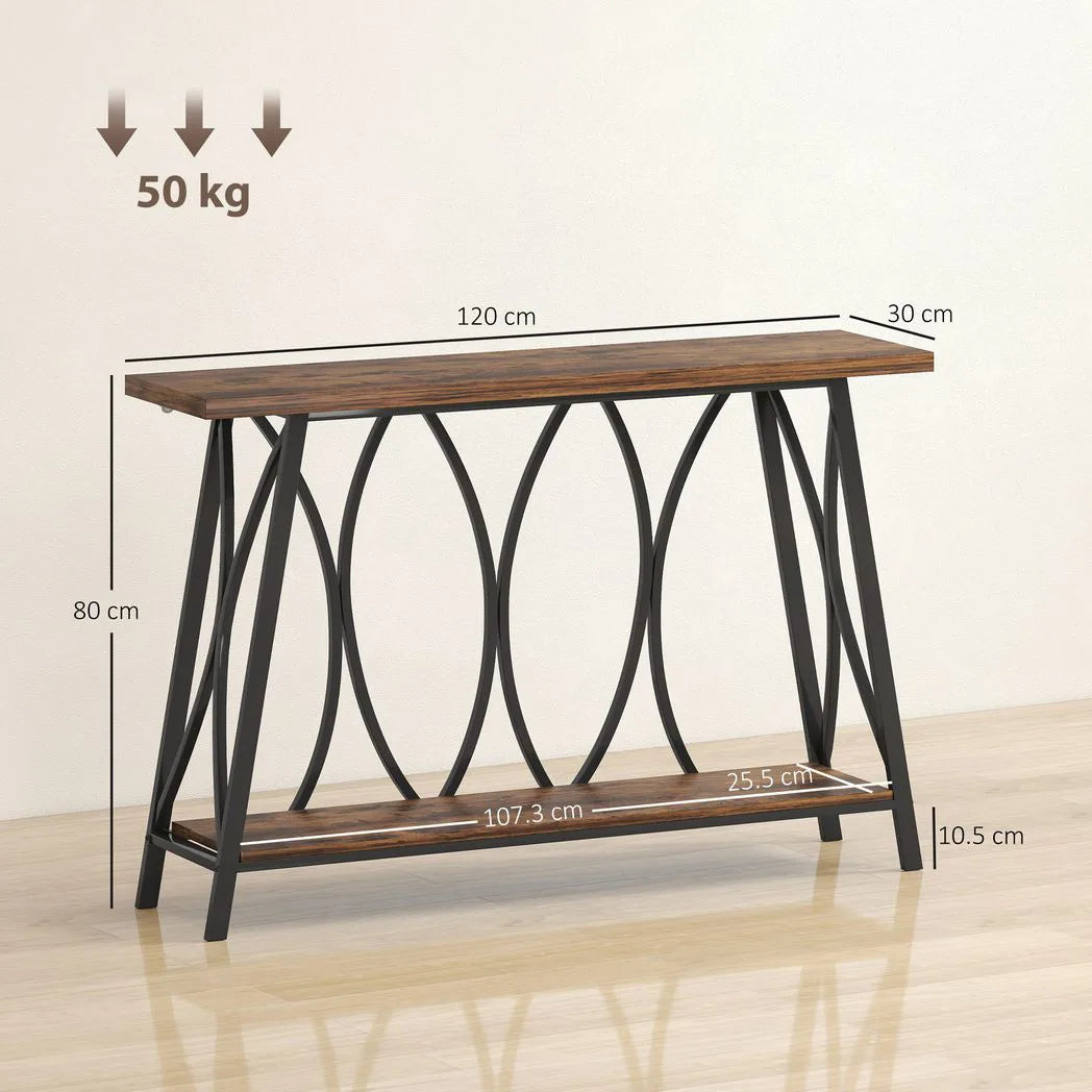 HOMCOM Narrow Console Table, Industrial 2-Tier Sofa Table with Metal Frame for Entryway, Living Room, 120x30x80cm, Rustic Brown