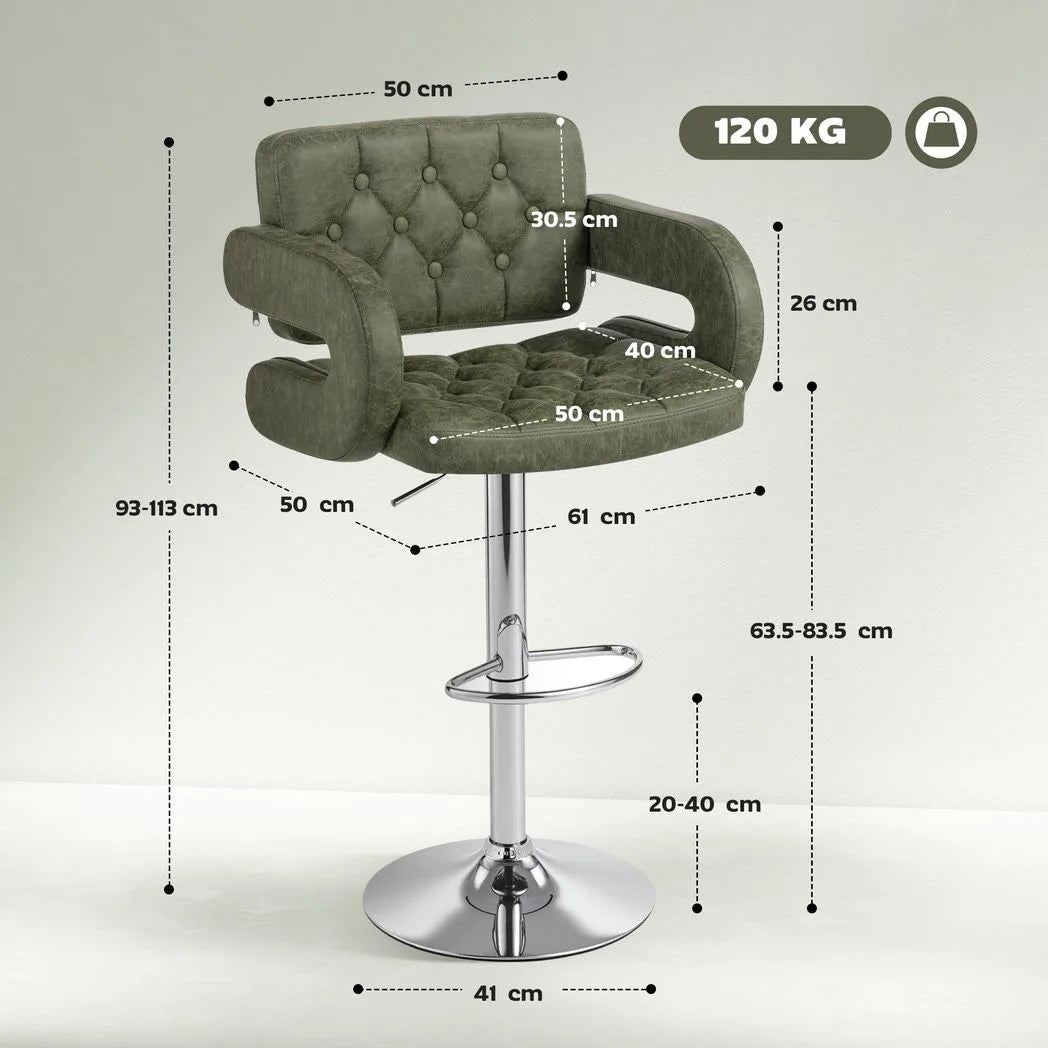 HOMCOM PU Leather Upholstered Swivel Bar Stool, Height Adjustable with Back, Armrest, Footrest, Green