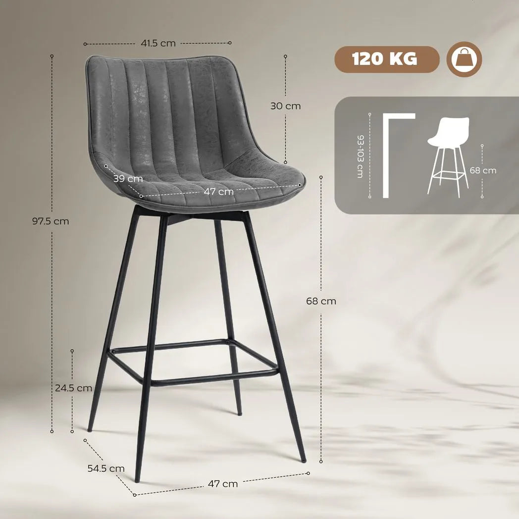 HOMCOM Set of 2 PU Leather Swivel Bar Stools - Grey