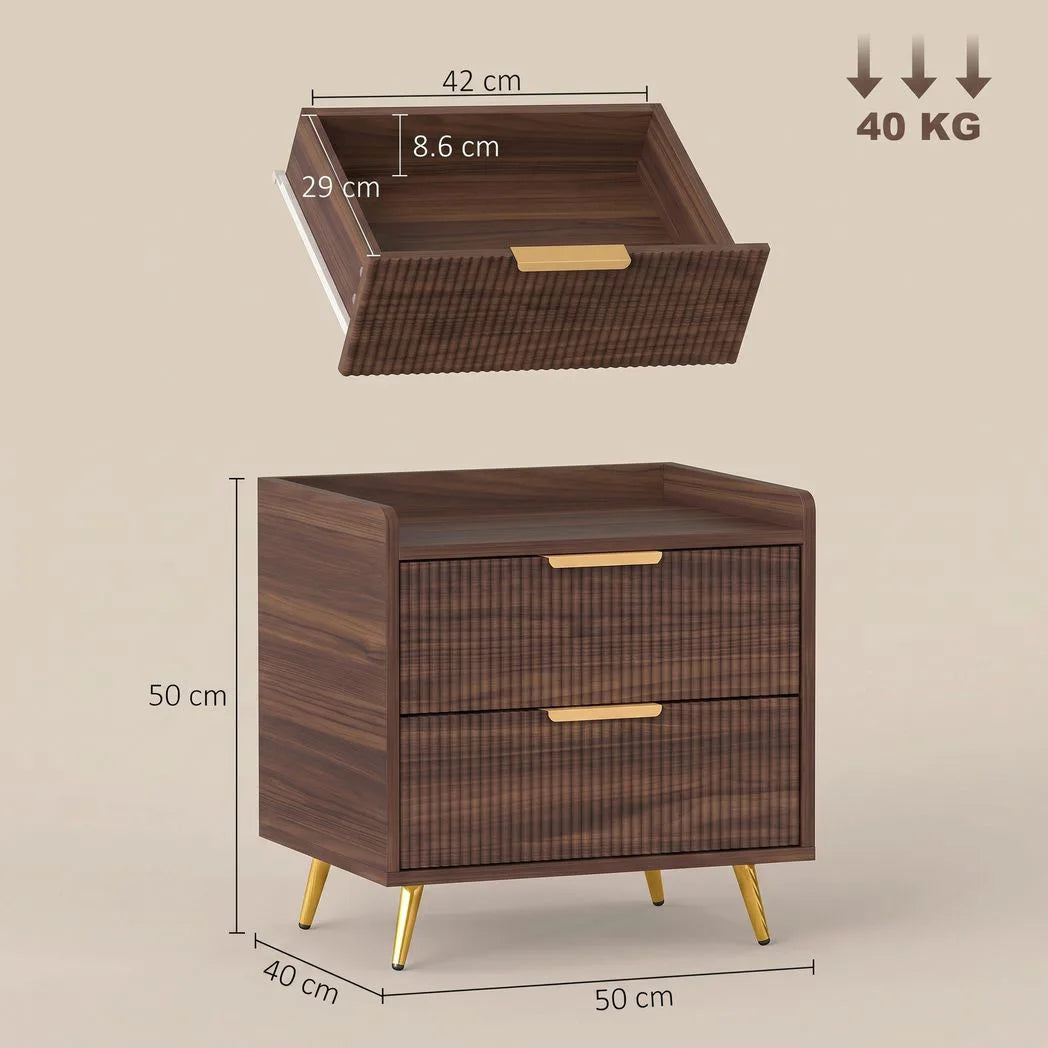 HOMCOM Elegant Two-Drawer Bedside Table - Walnut Brown