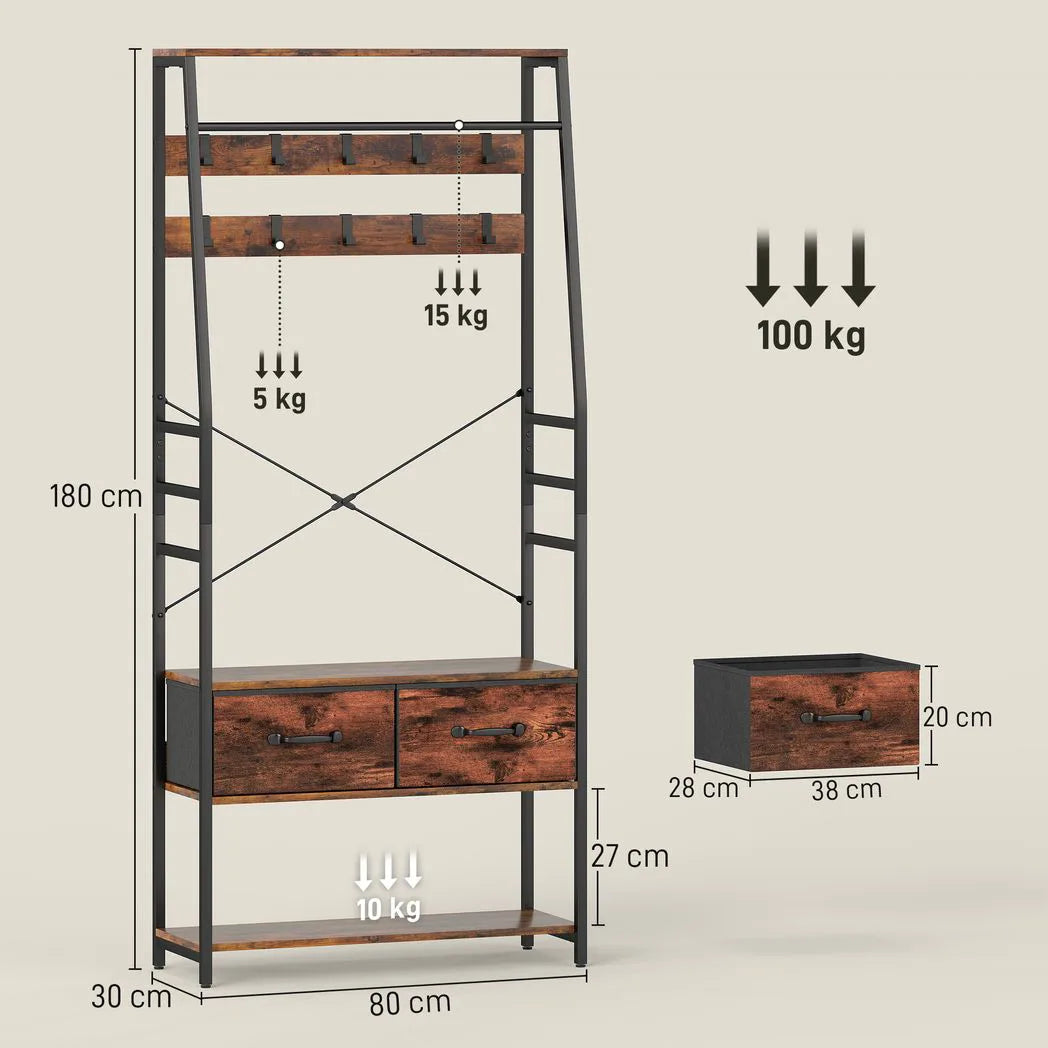 HOMCOM 6-in-1 Industrial-Style Hallway Organiser - Brown/Black