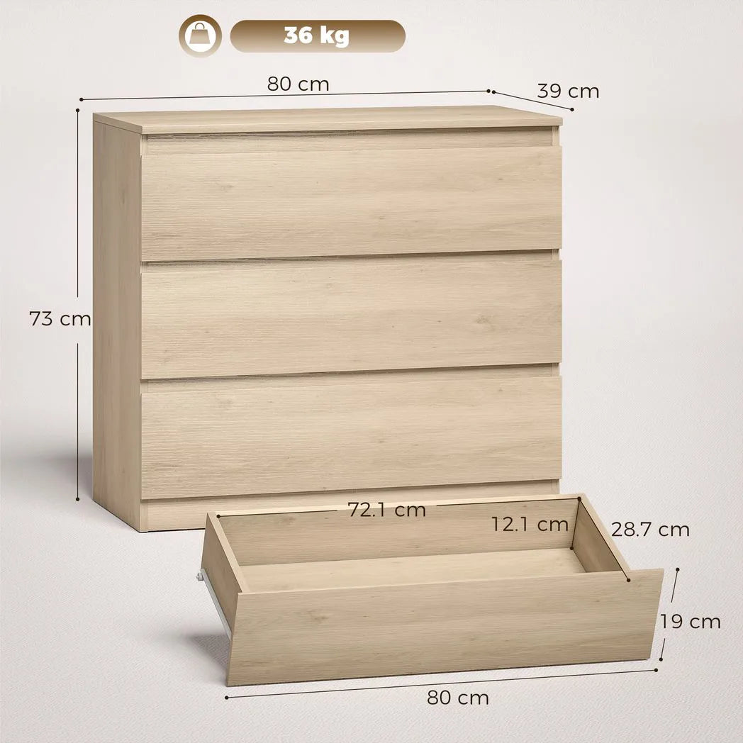 HOMCOM 3-Drawer Storage Organiser Unit, Chest of Drawers for Bedroom, Living Room, 80 x 39 x 73cm, Oak