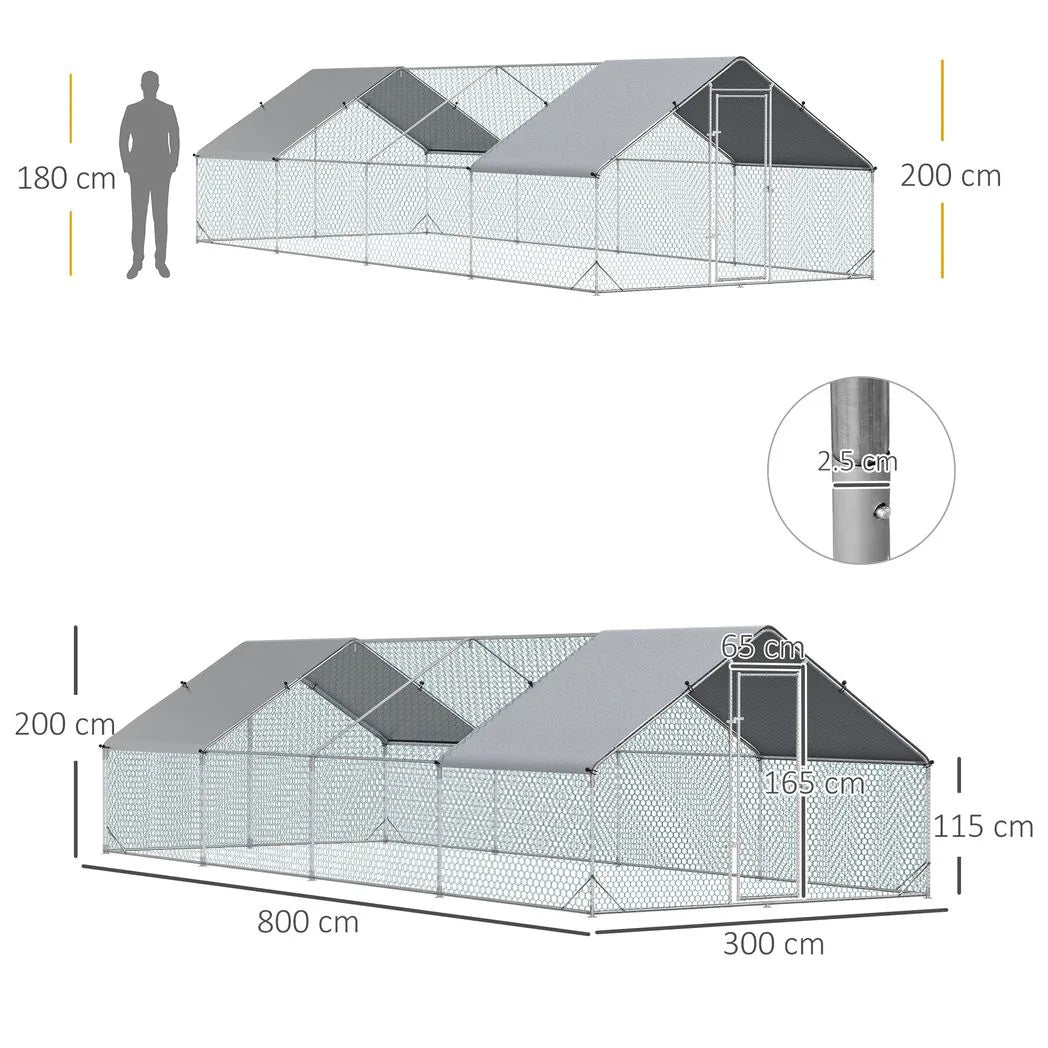 PawHut Chicken Run Galvanised Walk-in Chicken Coop Hen Poultry House Cage Rabbit Hutch with Water-Resist Cover, 3 x 8 x 2m