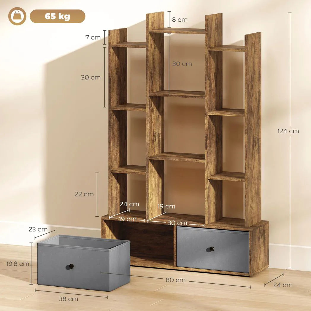 HOMCOM 12 Shelf Storage Unit, with Drawers - Brown