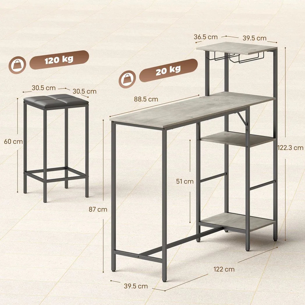 HOMCOM 3 Piece Breakfast Bar Table and Stools Set, Washed Grey