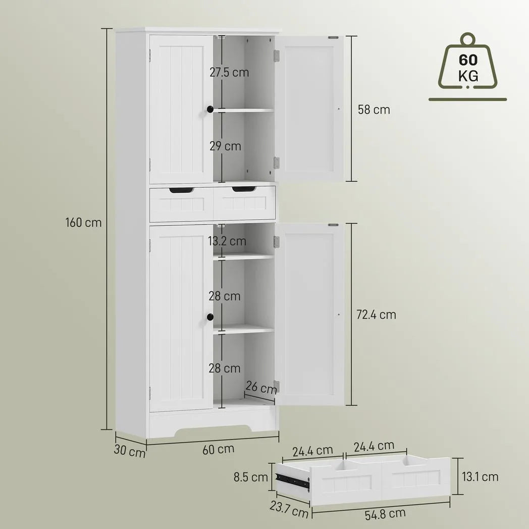 HOMCOM Tall Bathroom Cabinet, Freestanding Bathroom Storage Cabinet with Drawer, Shelves and Doors, 60 x 30 x 160 cm, White