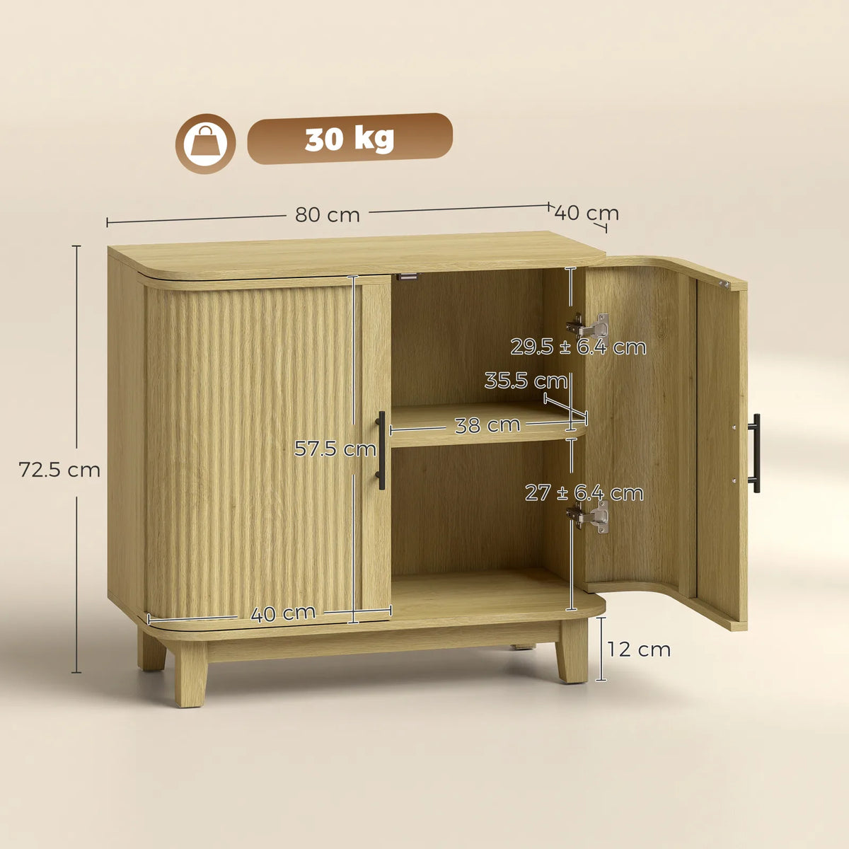 HOMCOM 80cm Sideboard Buffet Cabinet, Storage Cabinet with 2 Curved Doors, Adjustable Shelf and Legs for Dining Room, Oak