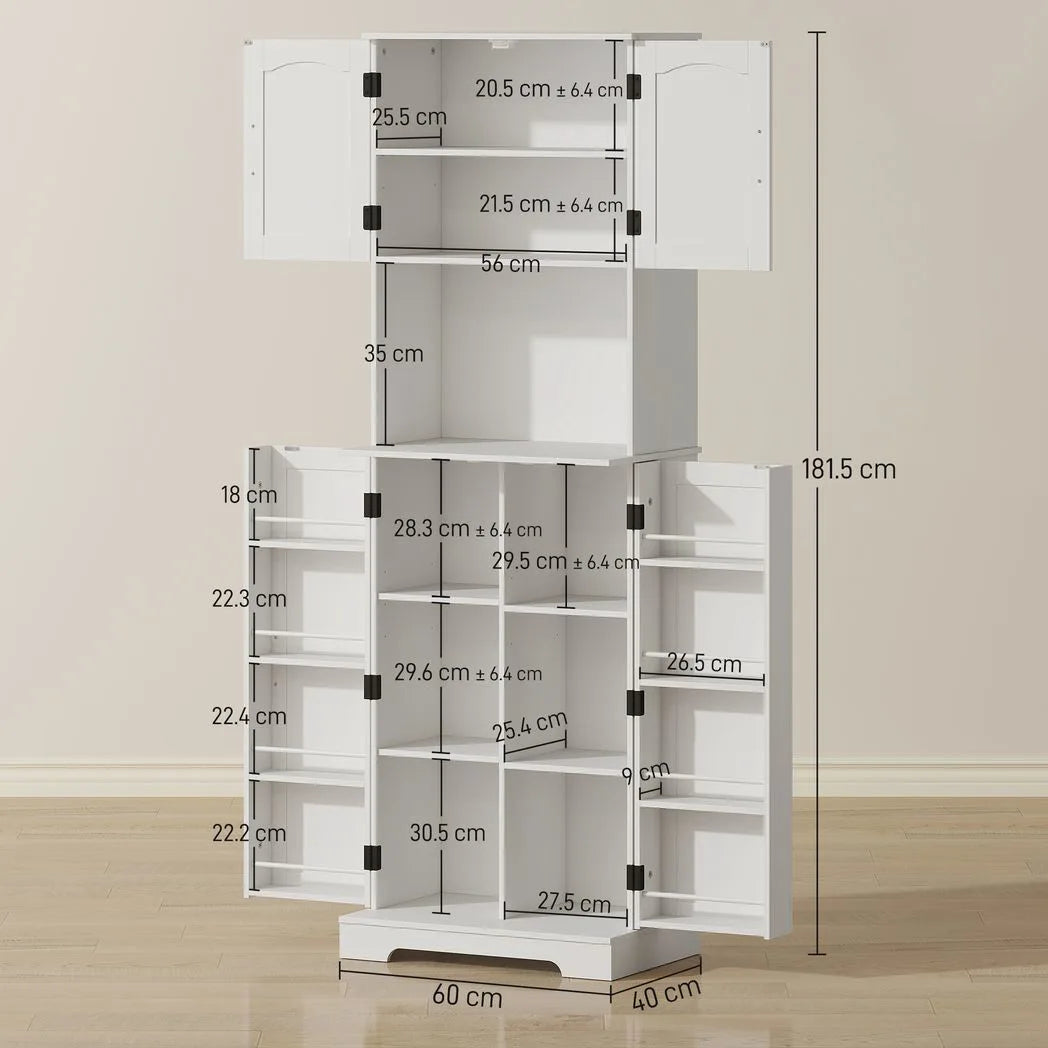 HOMCOM 181.5 cm Freestanding Storage Cabinet, Tall Kitchen Cupboard with Adjustable Shelves, 8 Door Spice Racks, White