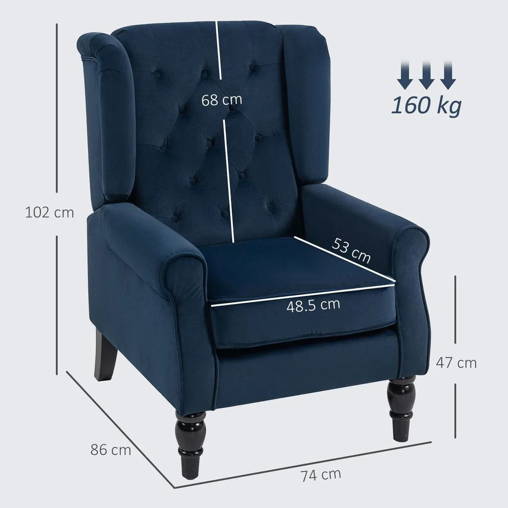 HOMCOM Wingback Accent Chair, Retro Upholstered Button Tufted Occasional Chair for Living Room and Bedroom, Dark Blue