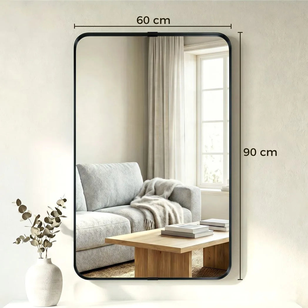 HOMCOM Rectangular Wall Mirror, 90 x 60 cm Wall Mounted Bathroom Mirror with Aluminium Alloy Frame and Tempered Glass, Black