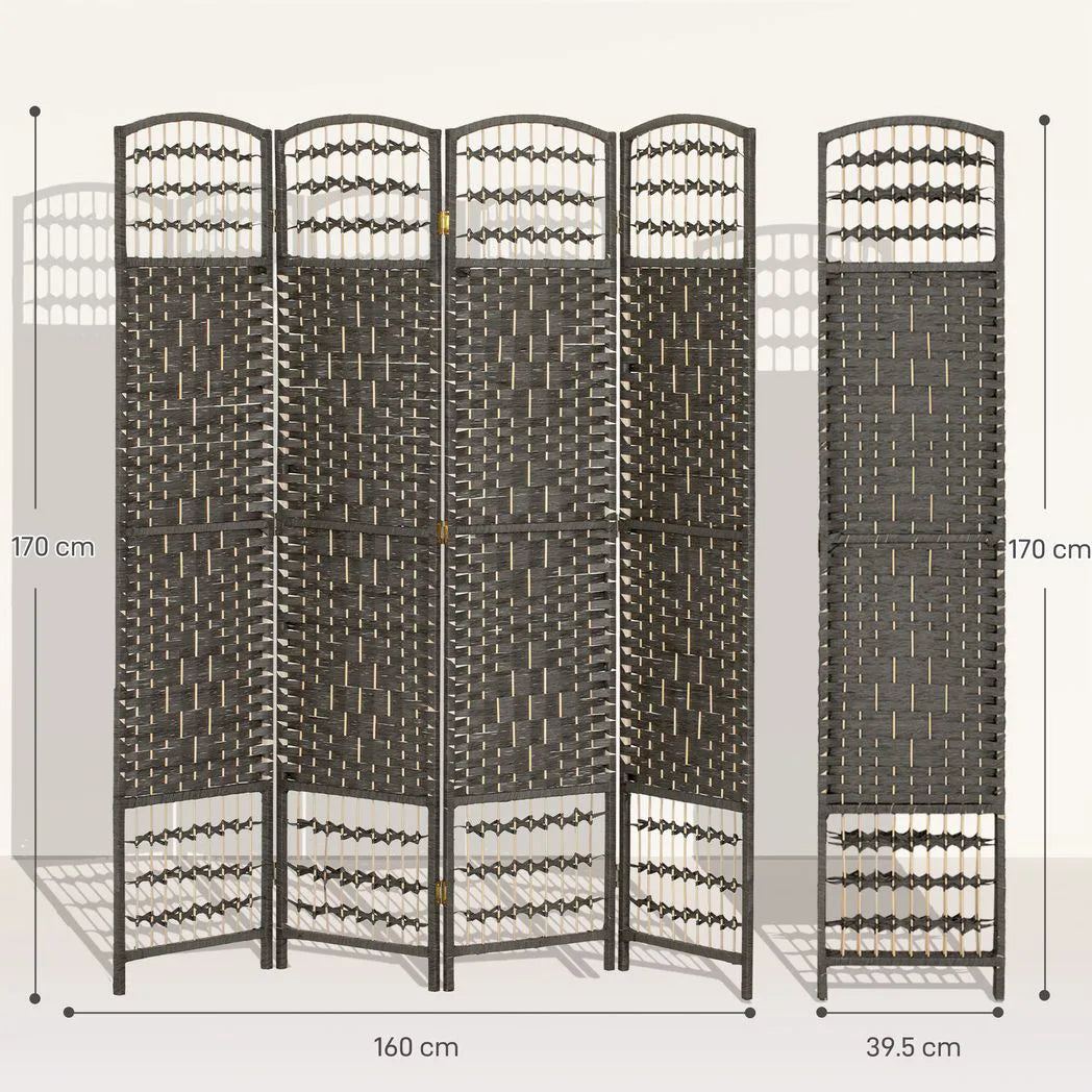 HOMCOM 4 Panel Folding Privacy Screen, Room Divider with Pine Wood Frame for Living Room and Office, Dark Grey