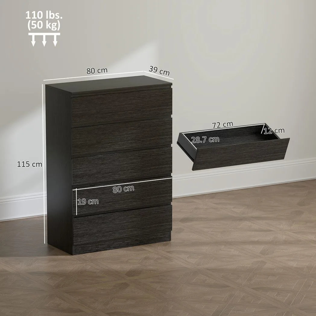HOMCOM Chest of Drawers, 5 Drawer Dresser, Modern Storage Cabinet with 5 Drawers, for Bedroom, Living Room, Black