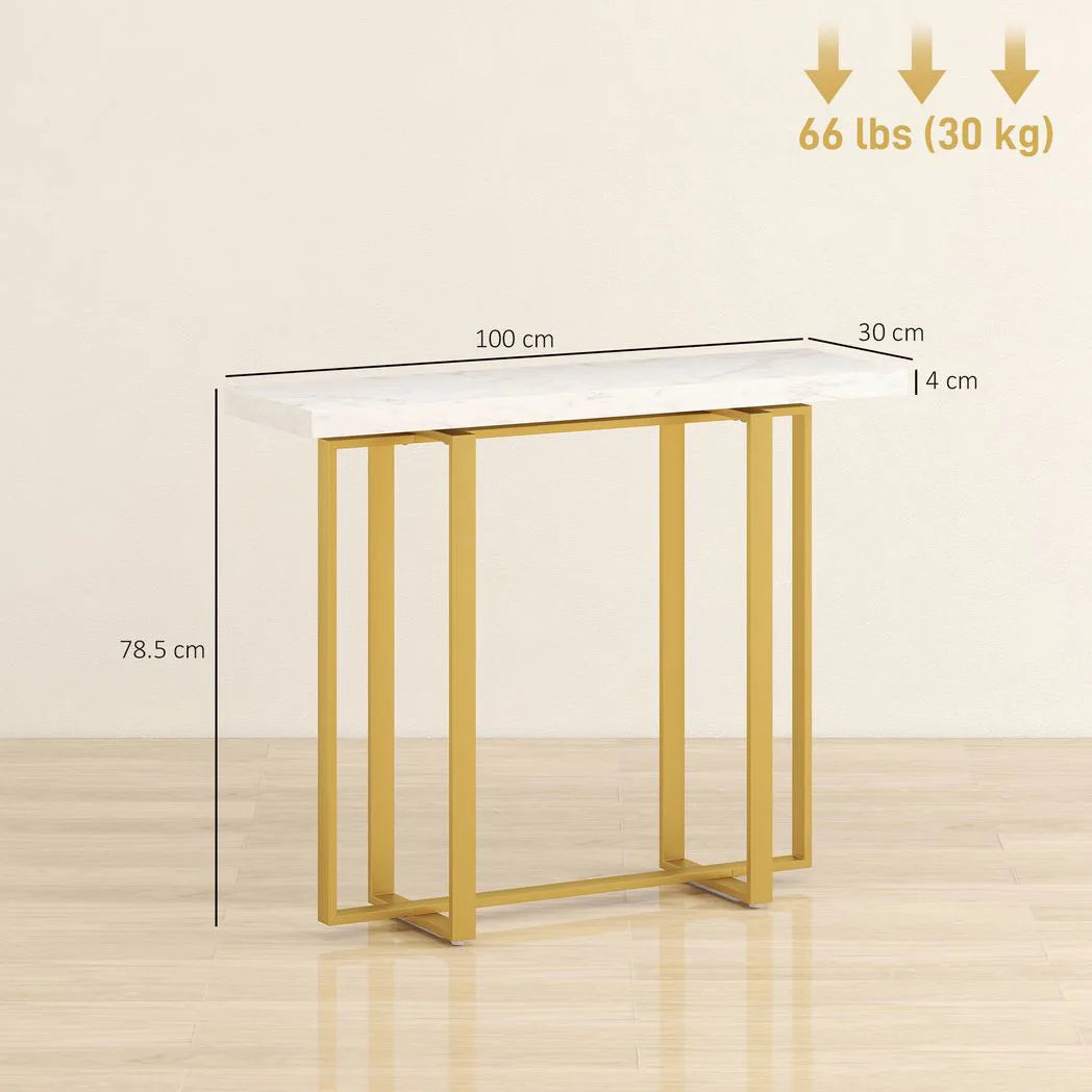 HOMCOM Console Table with Faux Marble Top, 100 cm Narrow Entryway Table with Anti-tipping Device, Steel Frame, White