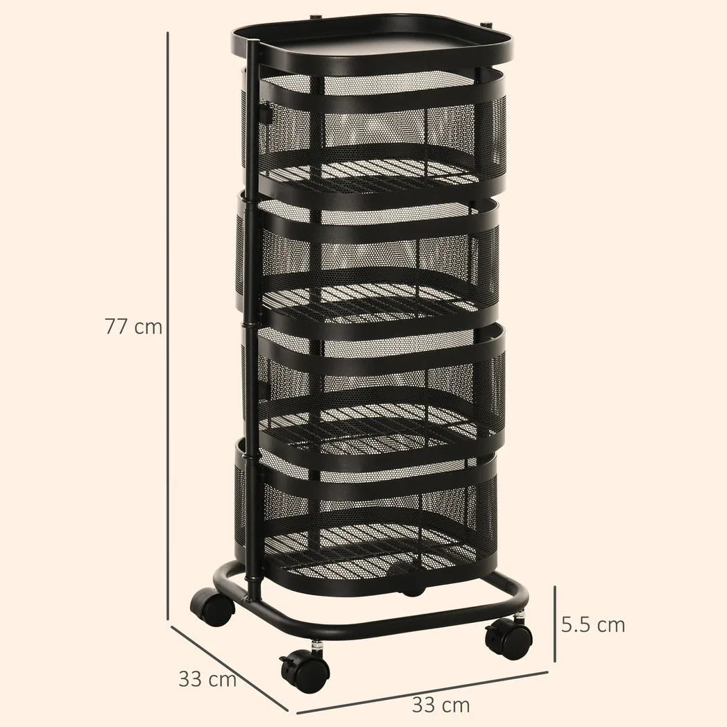 HOMCOM Metal Storage Cart, 4-Tier Storage Trolley on Wheels with 4 Mesh Baskets and Top Tray, Black