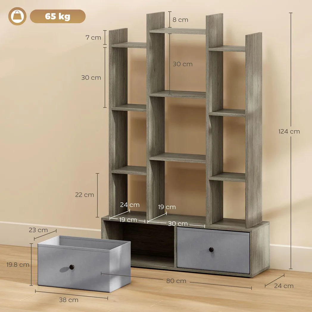 HOMCOM 12 Shelf Storage Unit, with Drawers - Graphite Wood Effect