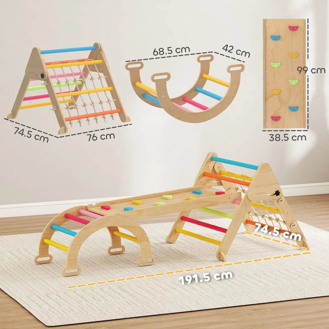 AIYAPLAY 8-in-1 Toddler Climbing Frame, Indoor Play Triangle Set with Slide, Arch and Triangle Ladder, Multicolour
