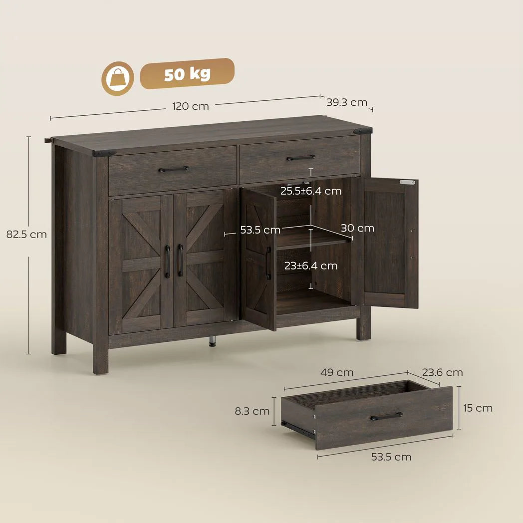HOMCOM Kitchen Cupboard, Sideboard with 4 Doors, 2 Drawers and 2 Adjustable Shelves for Dining Room, Dark Brown